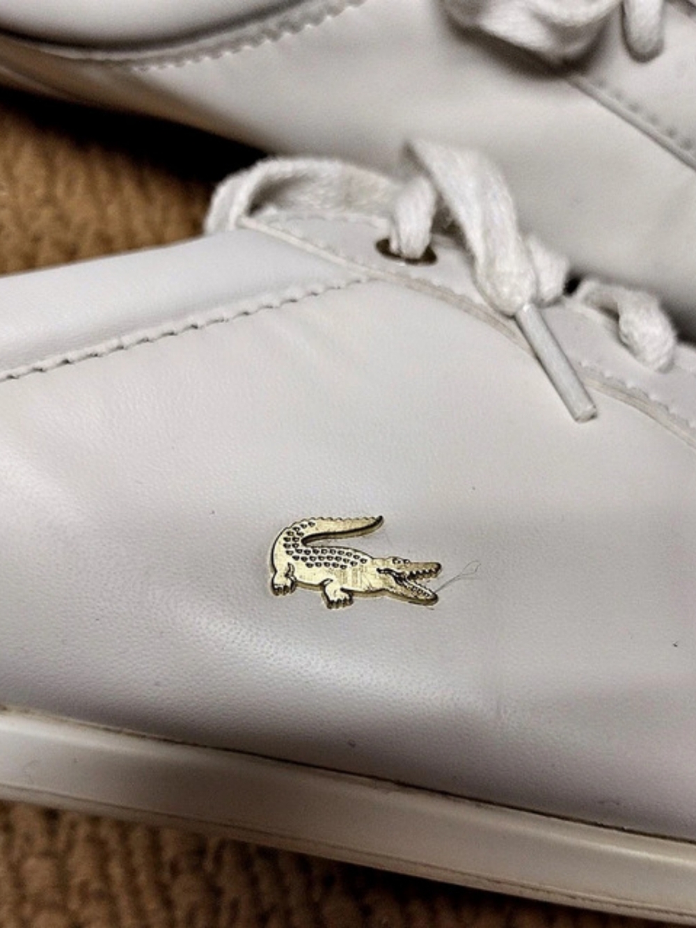 White Leather Lacoste Rey Lace Sneakers US 9 Metallic Gold-tone Crocodile Logo - Picture 3 of 7